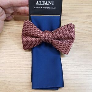 ALFANI Mens Bow Tie & Pocket Square Cognac Diamond Check Solid Blue Satin